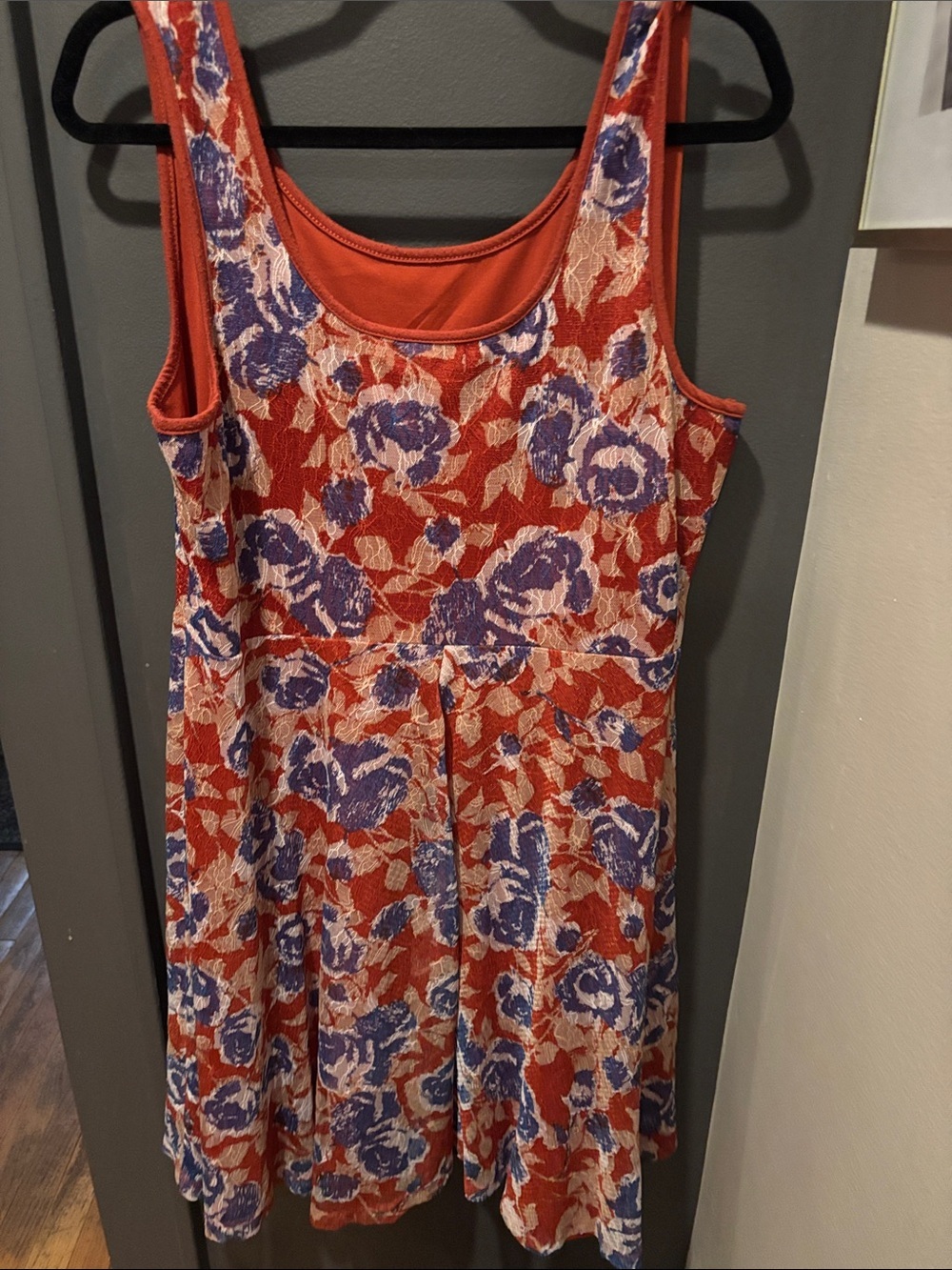 American Rag Red-Orange Floral Sleeveless Dress with Purple Accents